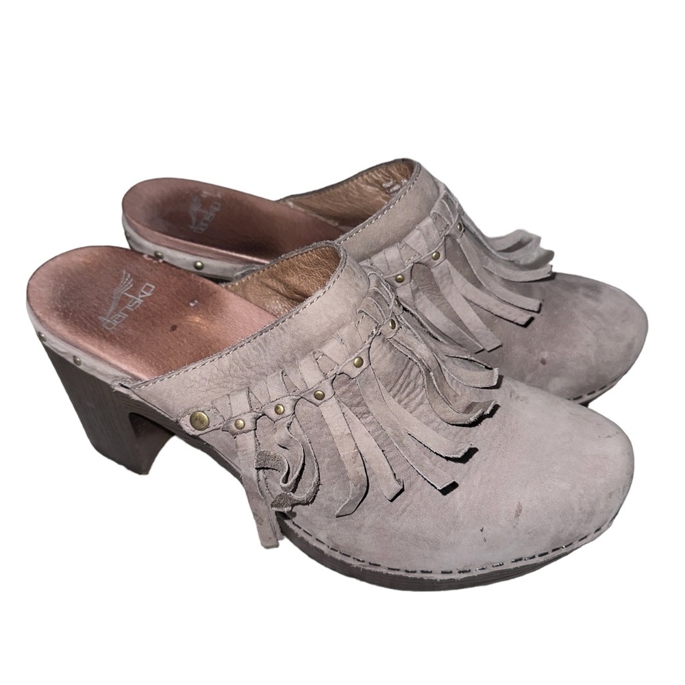 DANSKO 🤎Women's Mule Taupe Gray Deni Clog Nubuck Leather Fringe Size40/9.5, GUC - Picture 7 of 8